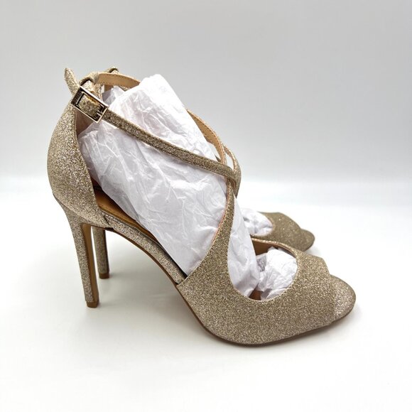 Jewel Badgley Mischka Size‎ 7 Gold Stiletto Open Toe Dress Sandals Heels Shoes - Picture 1 of 13